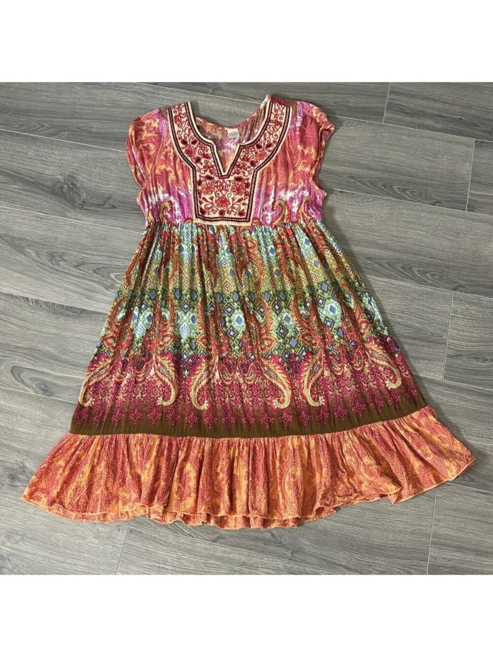 Bila Dress Womens L Multicolor Paisley Embroidered Boho Empire Ruffle Hem